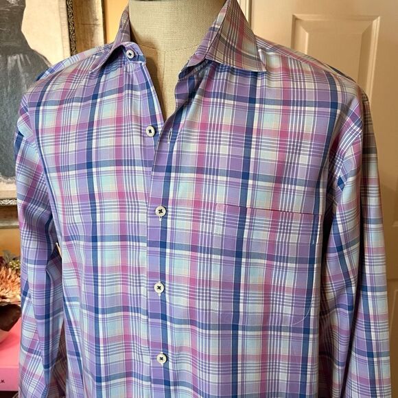 EEUC Men's Peter Millar Purple Plaid Shirt Size LARGE Worn Once Perfect - Picture 2 of 2